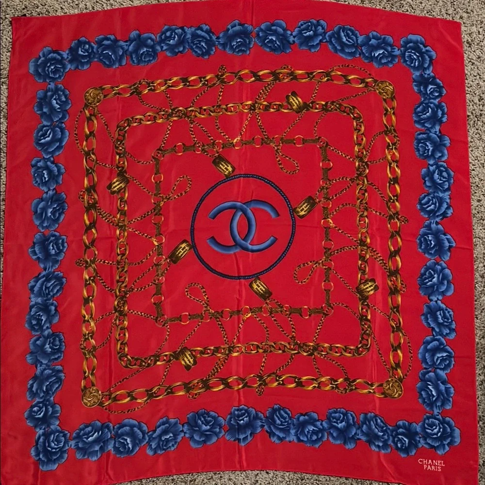 1990s Chanel Blue Silk Scarf with Flower and Chain Details - Picture 1 of 6